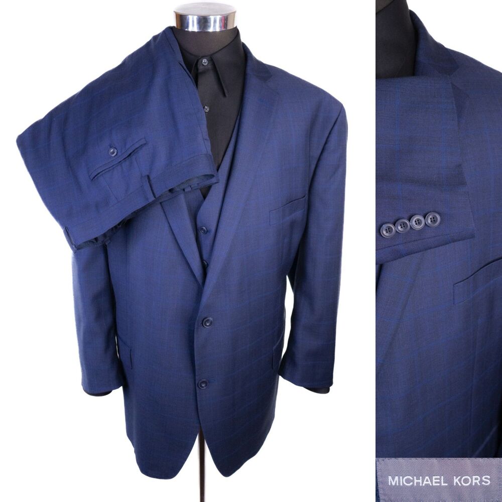 MICHAEL KORS 3-Pcs Blue Windowpane Stretch Wool Blazer Jacket 56S Pants 52x27